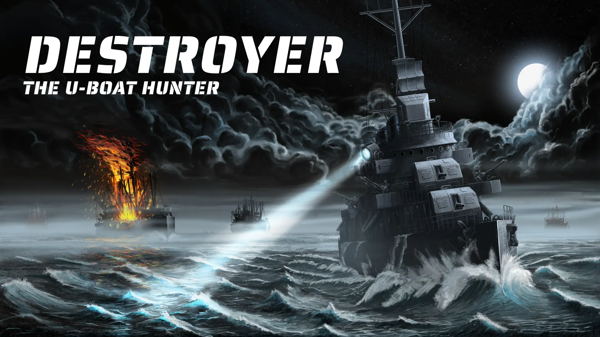 Grafika kluczowa gry Destroyer: The U-Boat Hunter — nocny patrol niszczyciela eskortującego konwój