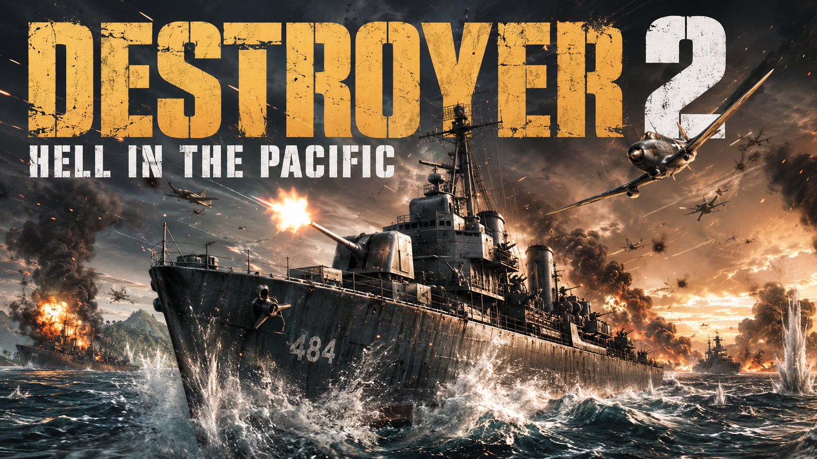 Grafika kluczowa gry Destroyer 2: Hell in the Pacific — niszczyciel numer 484 pod atakiem lotniczym