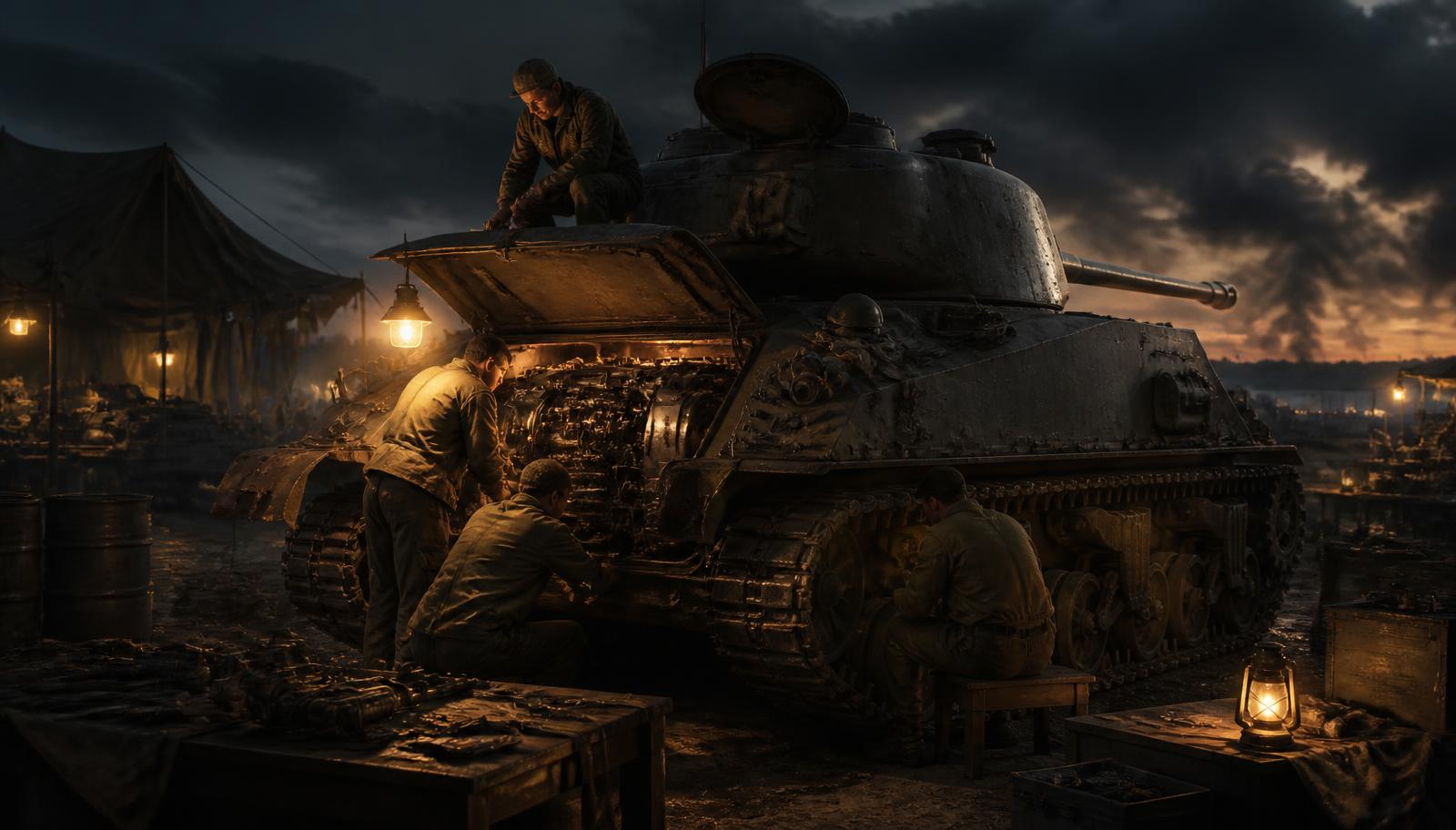 Załoga dokonująca przeglądu czołgu Sherman w polowym warsztacie o zmierzchu — grafika pierwszej aktualizacji
