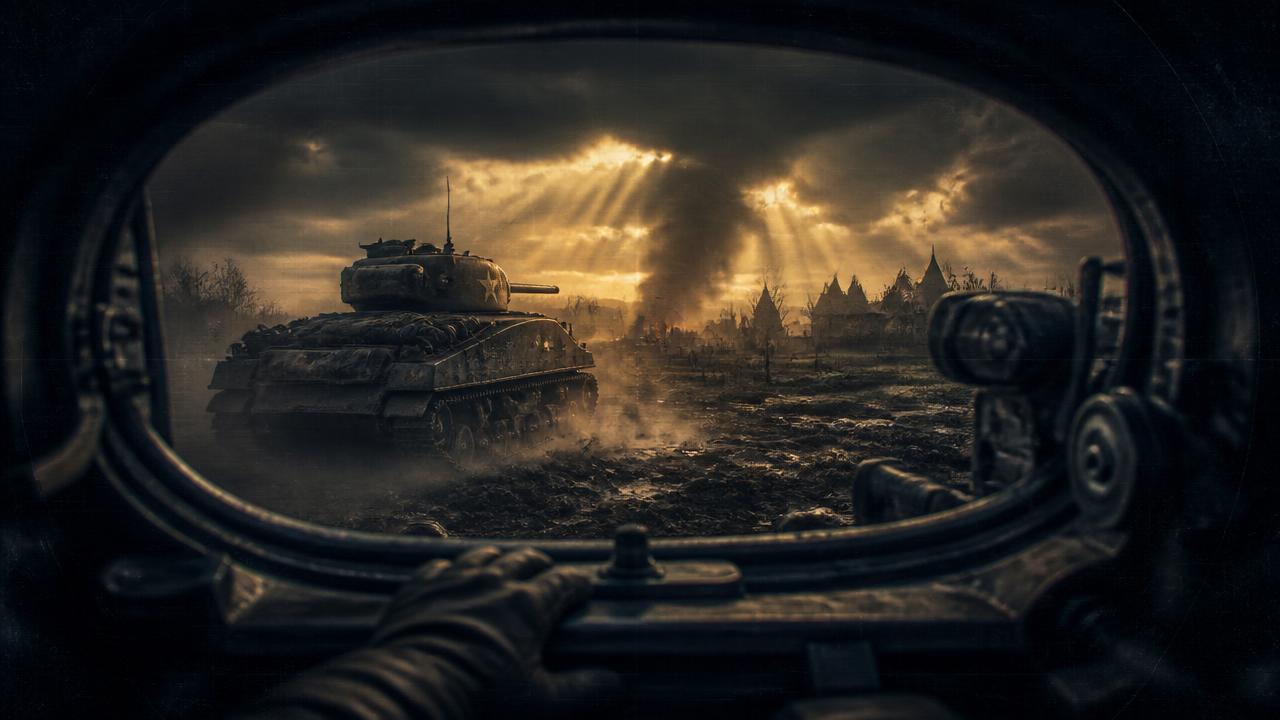 Widok z włazu dowódcy na czołg Sherman w polu — grafika zapowiadająca demo