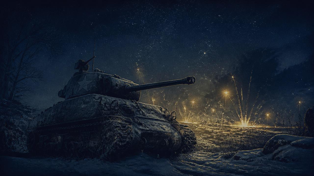 Czołg Sherman w zimowej scenerii pod rozgwieżdżonym niebem — grafika noworoczna