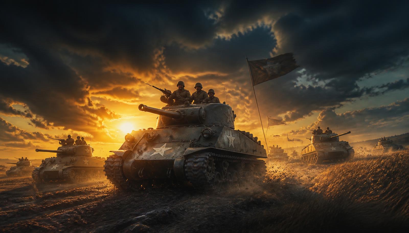 Pluton czołgów Sherman maszerujący o zachodzie słońca — grafika premiery gry
