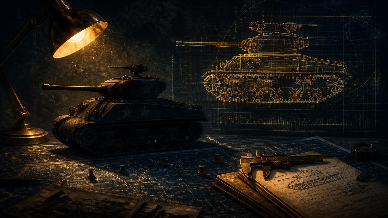 Model czołgu Sherman i rysunek techniczny na stole sztabowym — grafika o otwartych testach