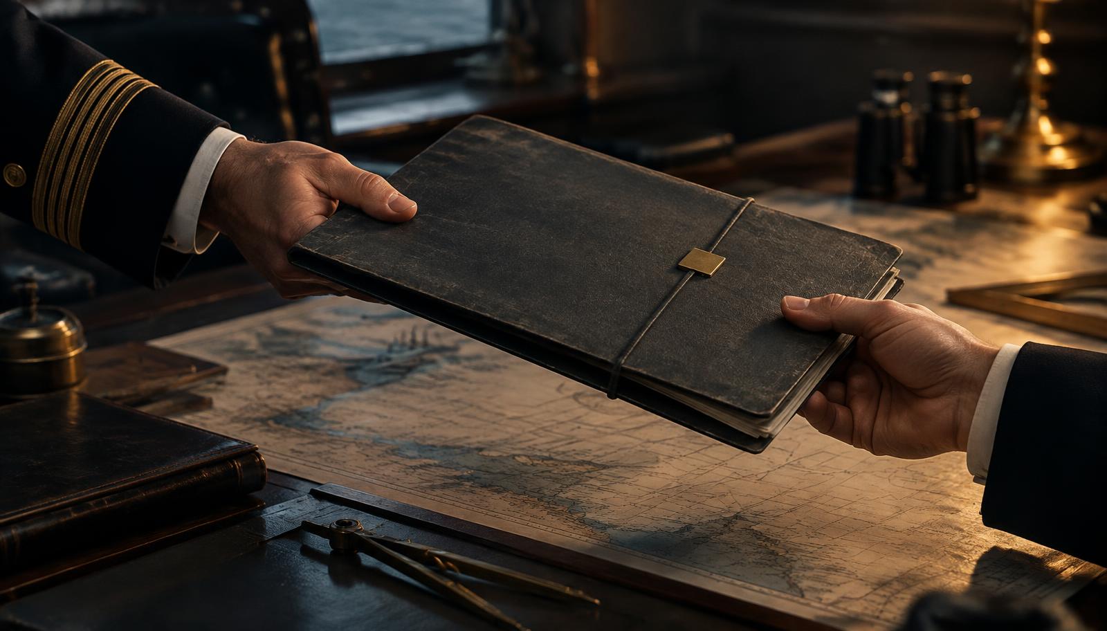 Przekazanie teczki z dokumentami nad mapą morską — ilustracja wiadomości o Nadzwyczajnym Walnym Zgromadzeniu Iron Wolf Studio